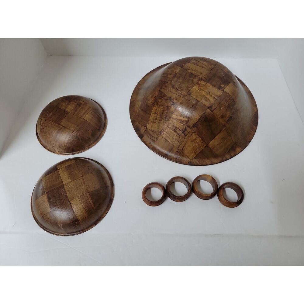 Vtg Mid-Century Wooden Weavewood Salad Brown Partial Bowl Set Kitchen Decor - Picture 6 of 10